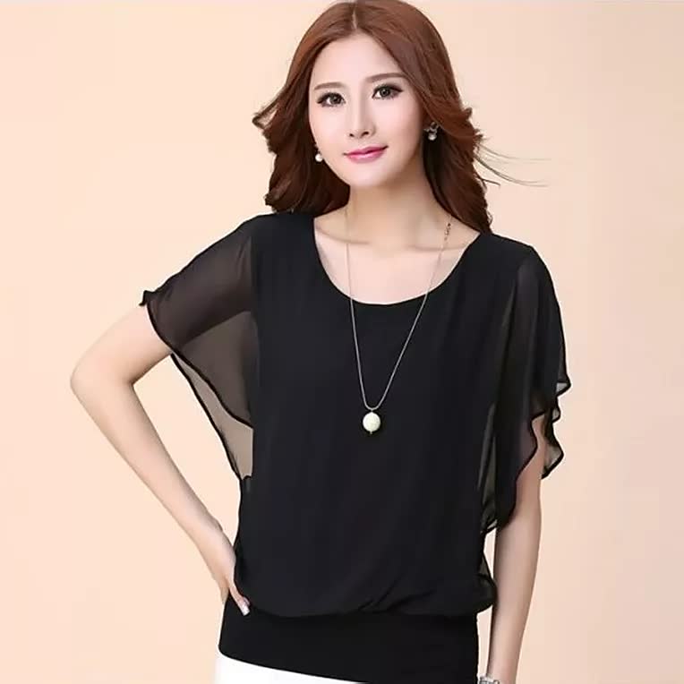 Women's Clothing Tulle Shirt Short Sleeve Ruffle Bat Shirt Summer Beach Chiffon Shirt