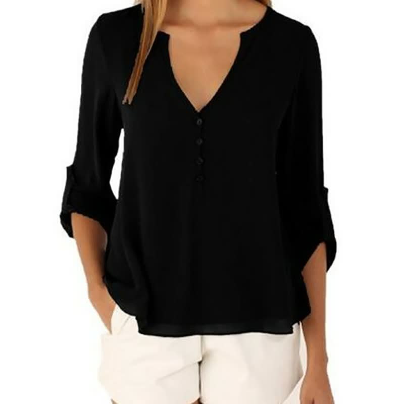 Fashion Casual Sexy Deep V-neck Button Decoration Fitting Waisted Long Sleeve Chiffon Shirt Shirt