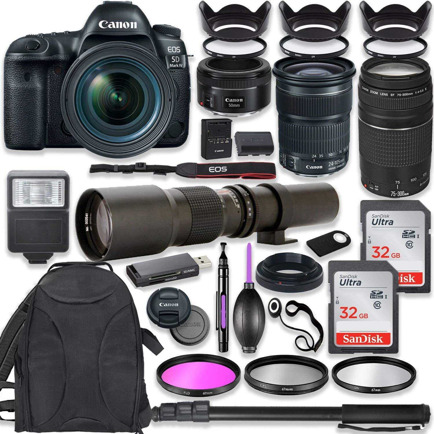 EOS 5D Mark IV DSLR Camera w/ 24-105mm STM Lens Bundle + EF 75-300mm III Lens, 50mm f/1.8 and 500mm Preset Lens + Deluxe Backpack + 64GB Memory + Monopod + Professional Bundle