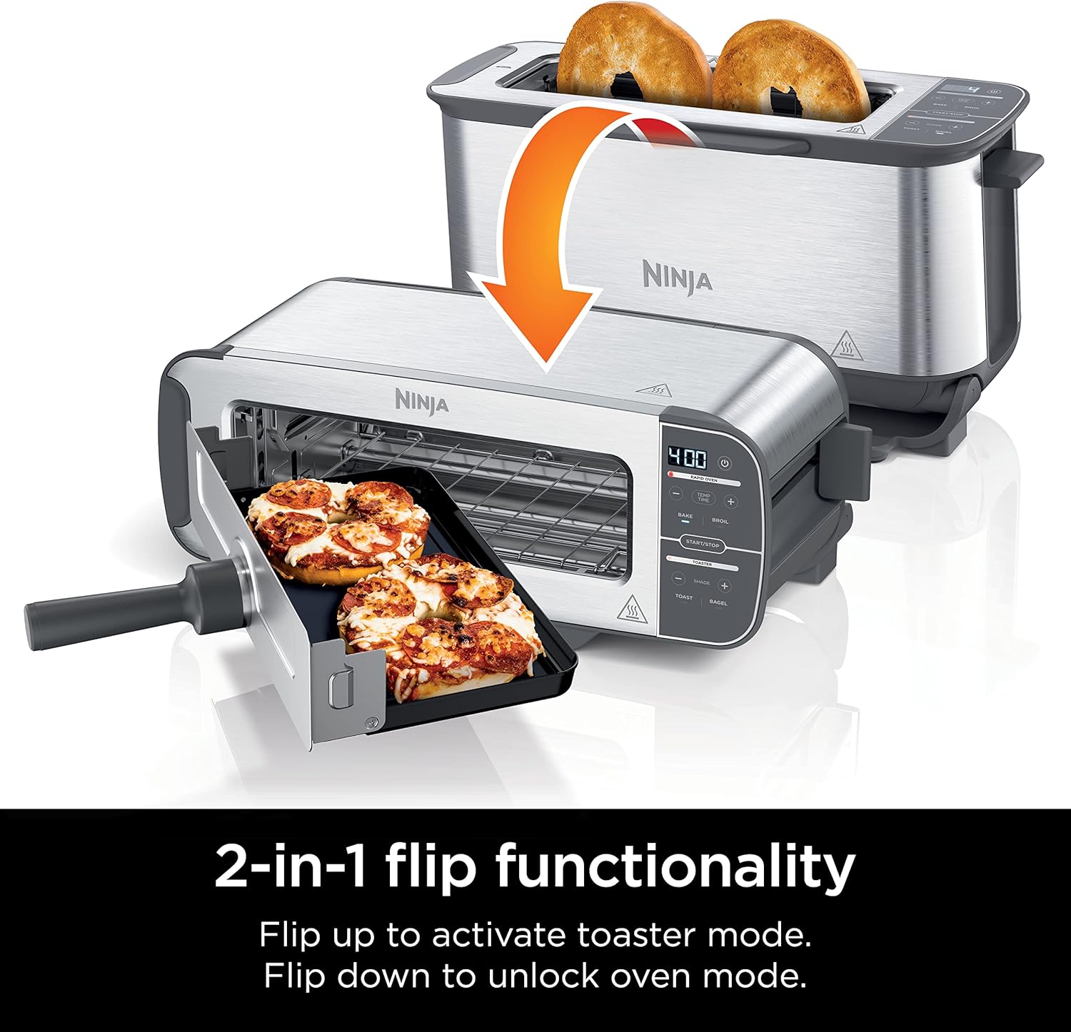 💝Buy more, save more💝ST100 Foodi 2-in-1 Flip Toaster, 2-Slice Capacity, Compact Toaster Oven, Snack Maker, 1500 Watts, Stainless Steel