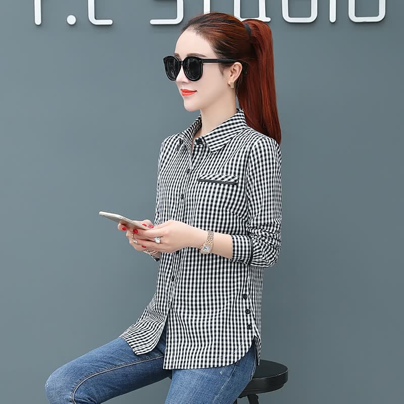 Women's Black And White Plaid Long Sleeve Shirt Spring Professional Clothing Top Base Shirt