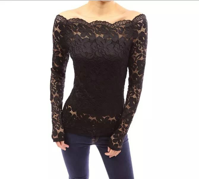 Off-the-shoulder Lace Boat-neck Long Sleeve Hollow Lace Shirt Fitting