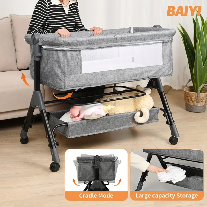 3 in 1 cradle, foldable portable bedside crib with comfortable mattress and wheels, 6-position height adjustable