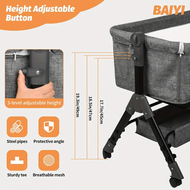 3 in 1 cradle, foldable portable bedside crib with comfortable mattress and wheels, 6-position height adjustable