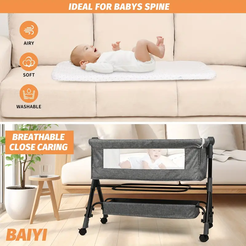 3 in 1 cradle, foldable portable bedside crib with comfortable mattress and wheels, 6-position height adjustable