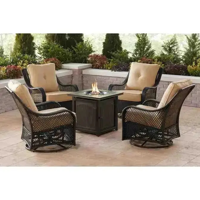 5-Piece Steel Patio Fire Pit Conversation Set with Navy Blue Cushions, Swivel Gliders and Square Fire Pit Table