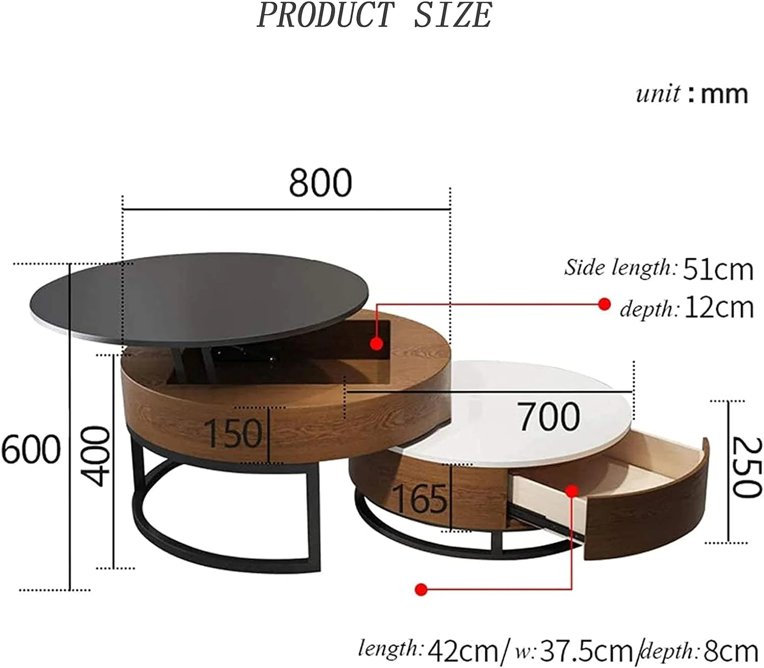 Round Lift Top Coffee Table, 2-Piece Nesting Sofa Side Table Set with Hidden Storage and Metal Frame, Office, Computer Desk for Home, Living Room, Balcony, Dining Room