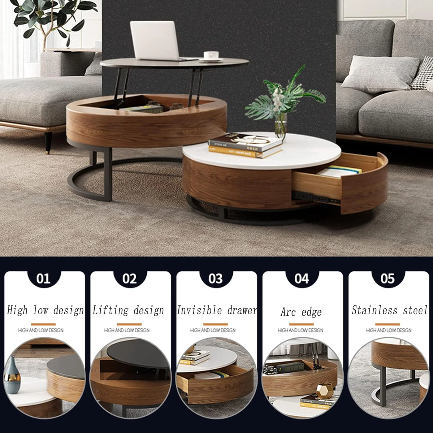 Round Lift Top Coffee Table, 2-Piece Nesting Sofa Side Table Set with Hidden Storage and Metal Frame, Office, Computer Desk for Home, Living Room, Balcony, Dining Room