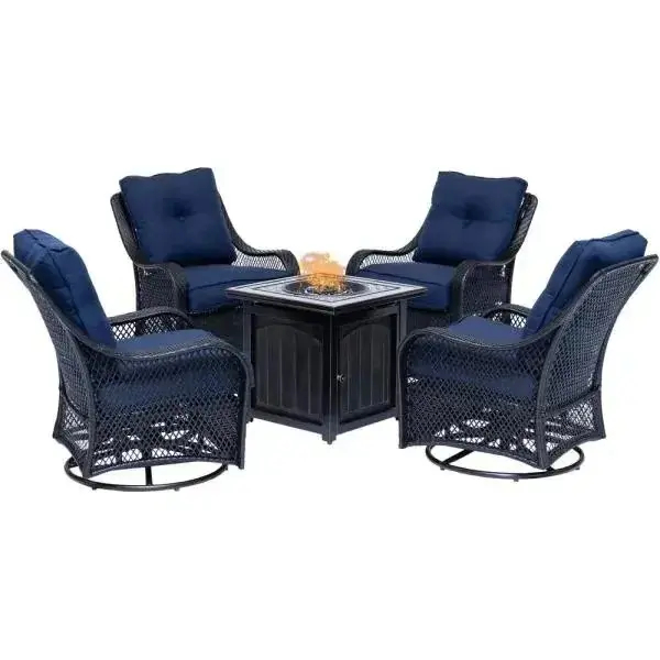 5-Piece Steel Patio Fire Pit Conversation Set with Navy Blue Cushions, Swivel Gliders and Square Fire Pit Table