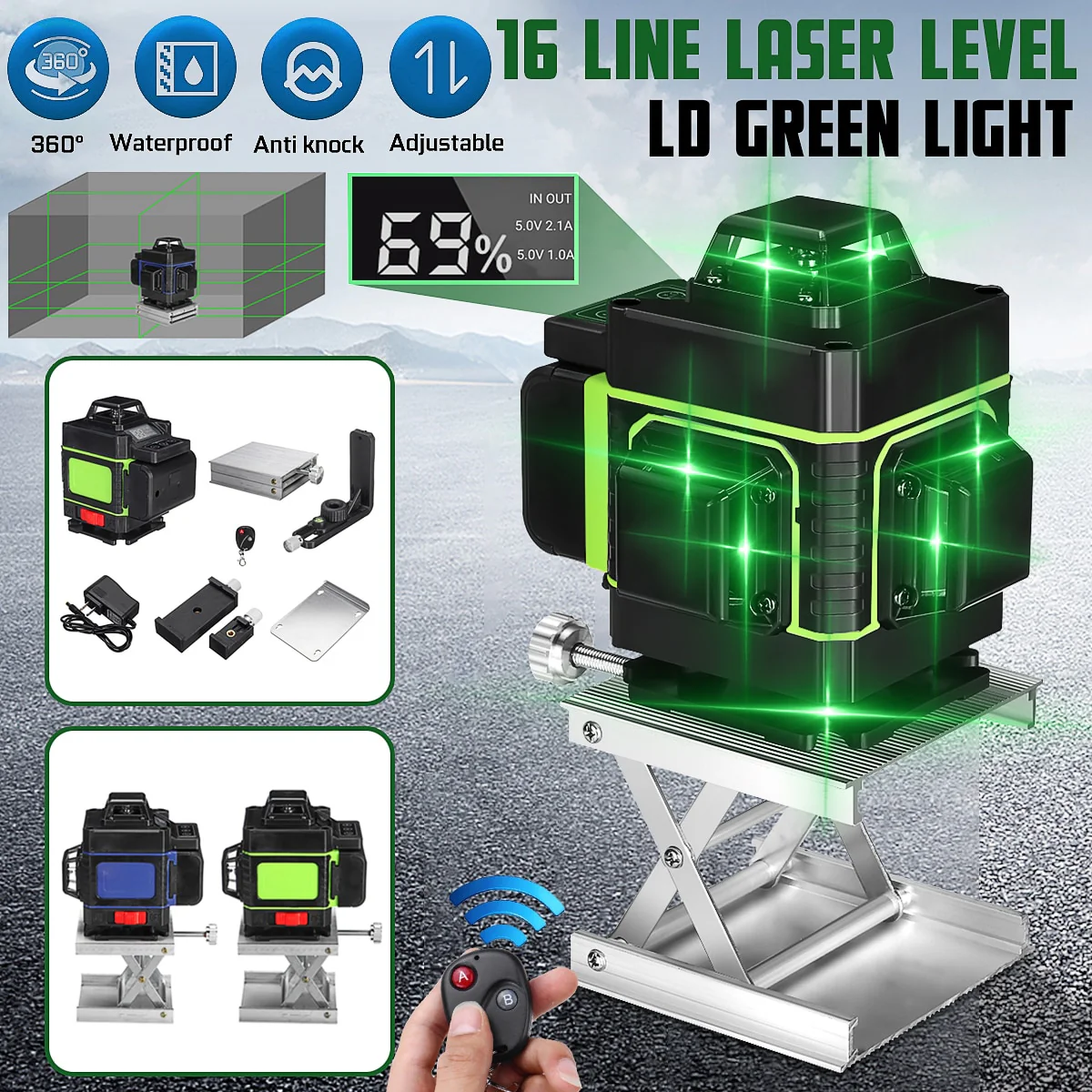 3D Green Beam Laser Level- 12/16