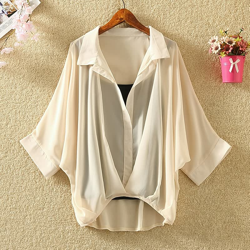 Women's Clothing Elegant Slim Pullover Summer Loose Versatile Bat Sleeve Two-piece Set Chiffon Shirt