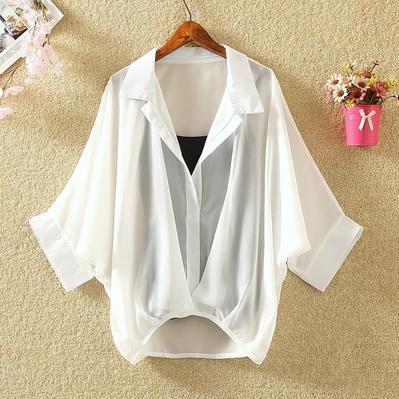 Women's Clothing Elegant Slim Pullover Summer Loose Versatile Bat Sleeve Two-piece Set Chiffon Shirt