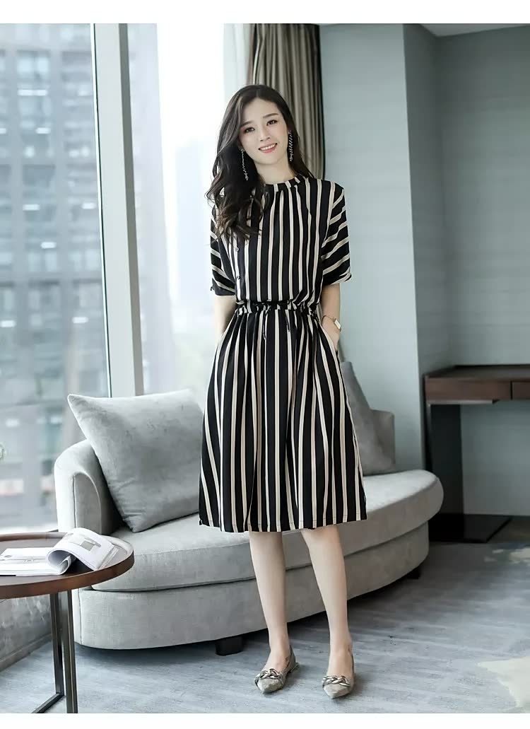 Lace-up Vertical Stripes Summer Fitting Women's Clothing Mid-length Dress