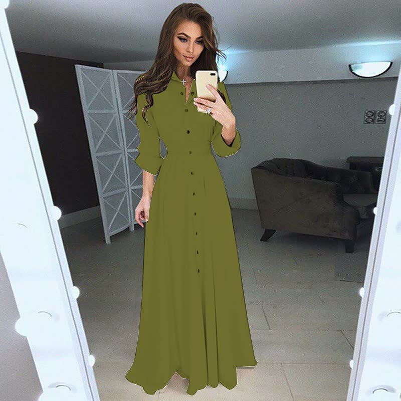 Long Sleeve Button Waisted Lace-up Long Dress