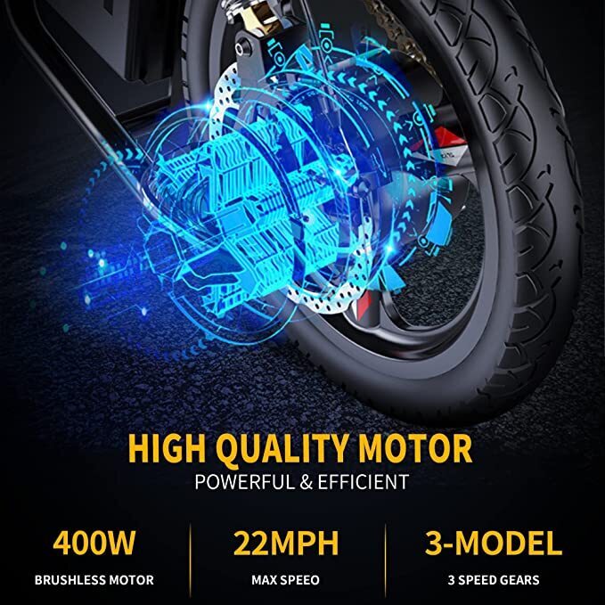 Multi-Shock Absorption Electric Bike,400W Motor 22MPH Max Speed, 14” Tire, 48V 15AH Removable Battery