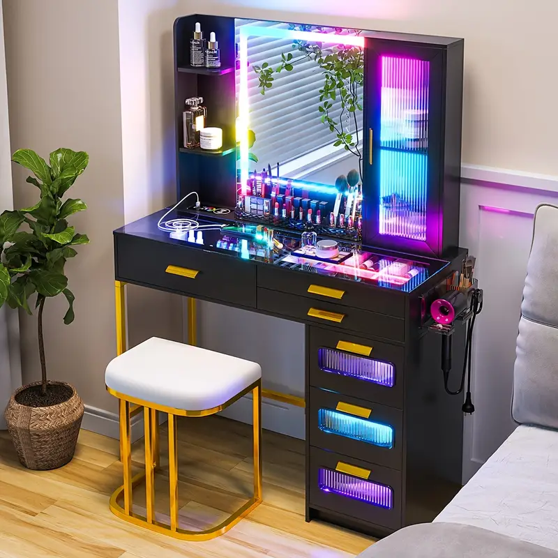 HNEBC RGB Vanity Desk, Makeup Vanity With Dazzling Lights And Mirror, Glass Top Makeup Desk With USB/Type-C/Wireless Charging, Dressing Table Set With Stool/6 Drawers, Vanity Gifts For Girls/Women