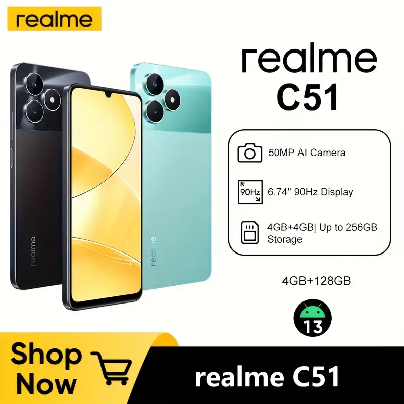 Realme C51 6.74''90Hz Display Phone 4+128GB 50MP AI Camera 5000mAh Battery Powerful Octa-core Processor