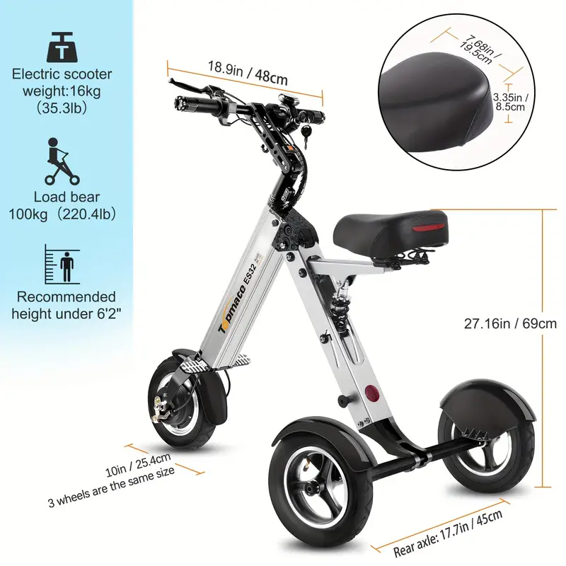 TopMate ES32 Electric Scooter 3 Wheels Foldable Trike with Seat for Adults, Light Weight Mobility with Reverse Function and Key Switch, 10 Inch Pneumatic Tires Tricycle for Commute and Travel