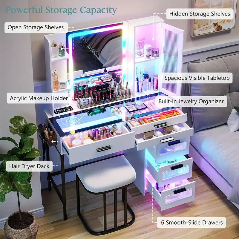 HNEBC RGB Vanity Desk, Makeup Vanity With Dazzling Lights And Mirror, Glass Top Makeup Desk With USB/Type-C/Wireless Charging, Dressing Table Set With Stool/6 Drawers, Vanity Gifts For Girls/Women