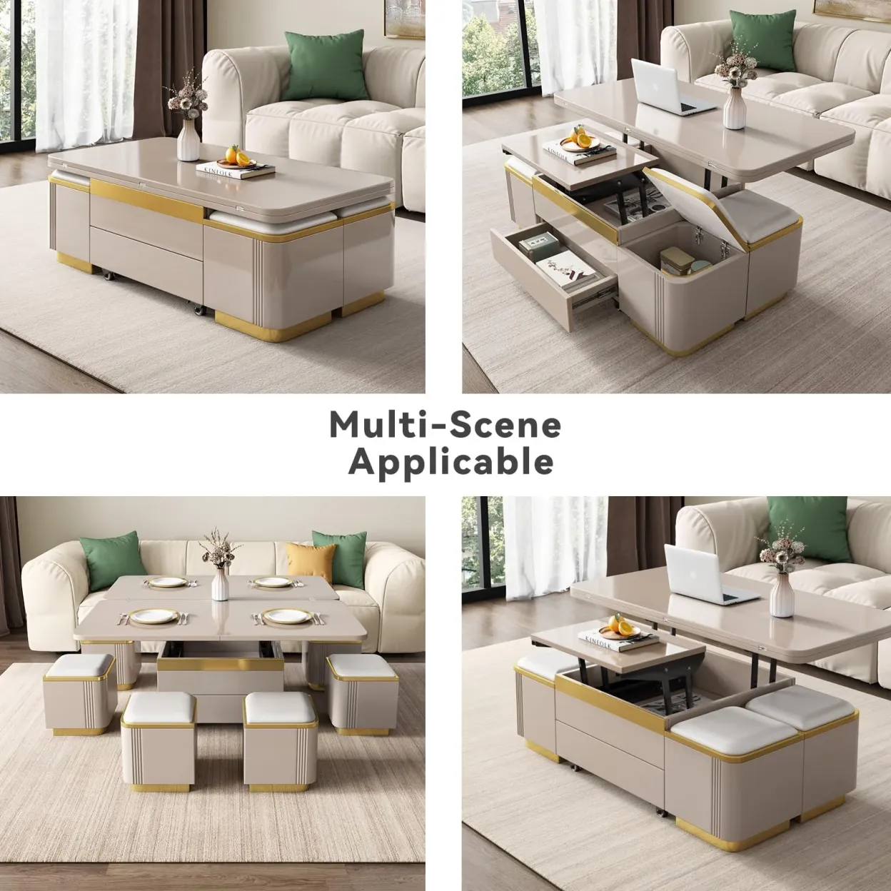 Lift Top Coffee Table with 4 Storage Stools