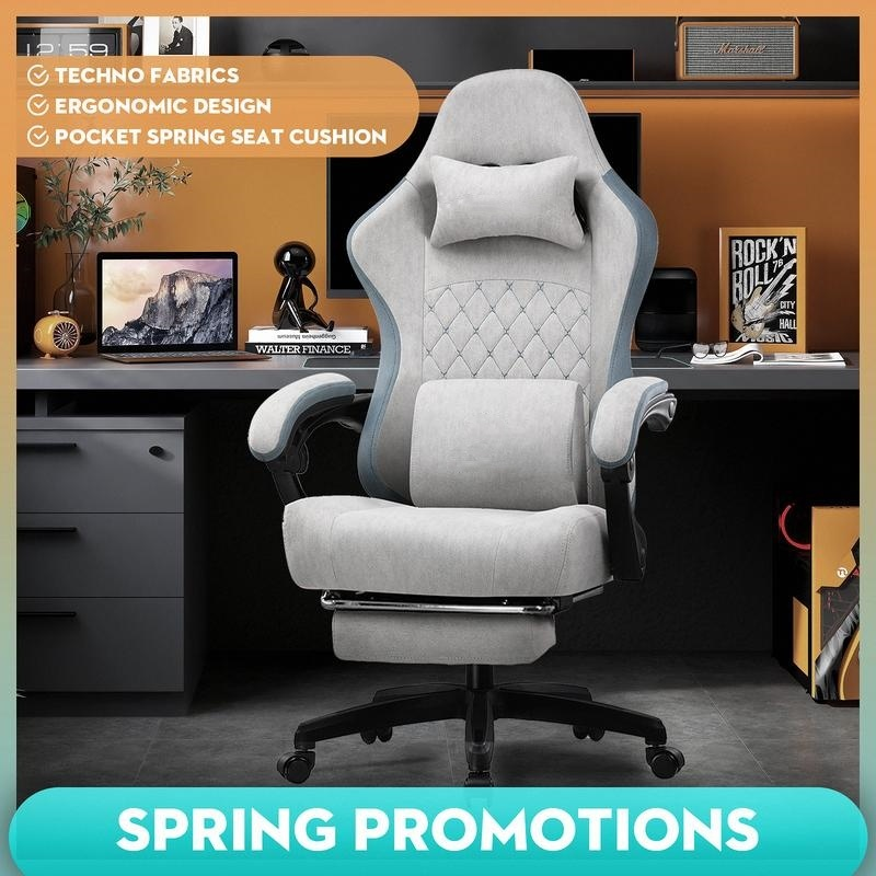 Office Gaming Chair with Pocket Spring Cushion Ergonomic Chair with 360° Swivel Seat Soft Fabric Gaming Chair with Footrest