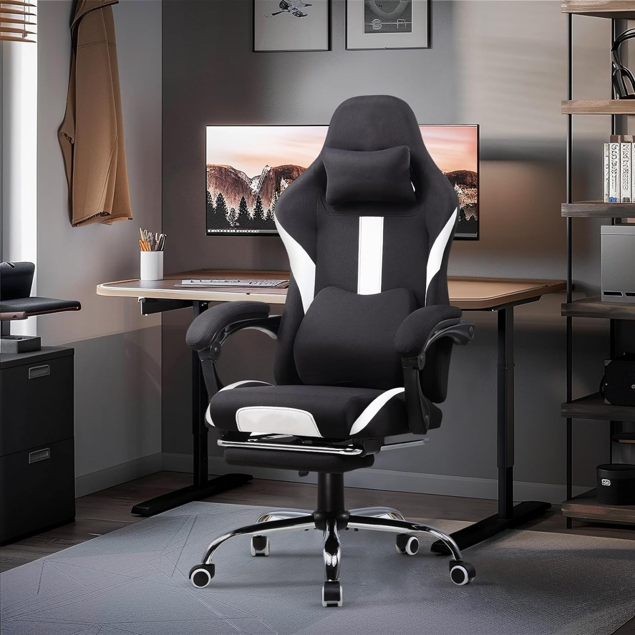 Office Gaming Chair with Pocket Spring Cushion Ergonomic Chair with 360° Swivel Seat Soft Fabric Gaming Chair with Footrest