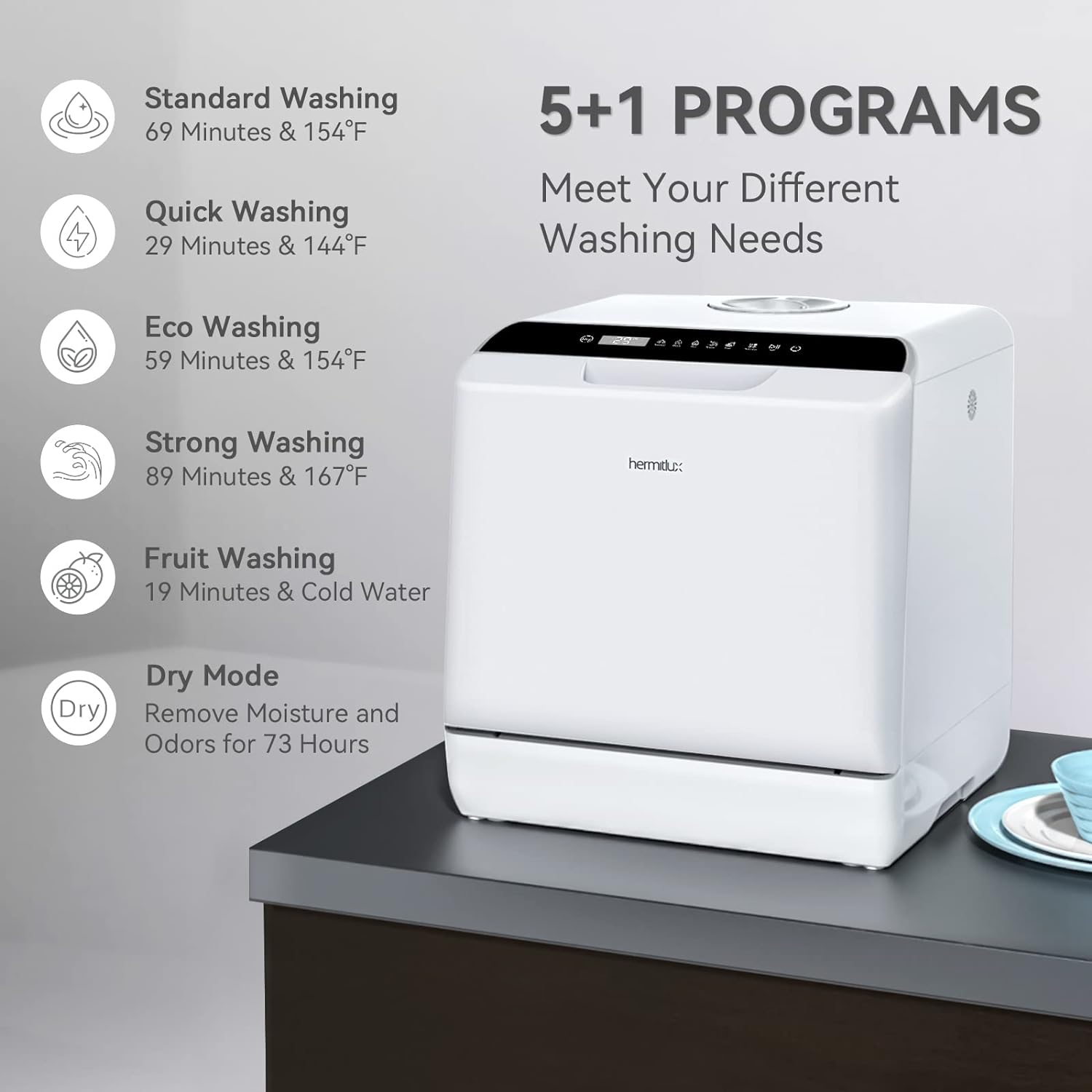 Hermitlux Countertop Dishwasher, 5 Washing Programs Portable Dishwasher