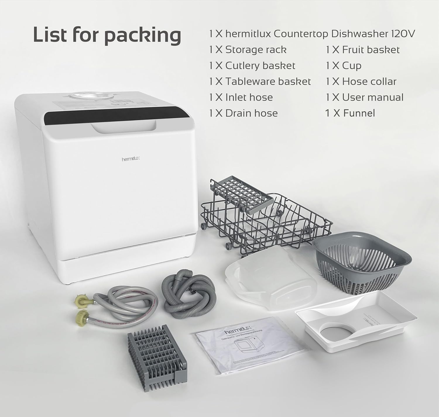 Hermitlux Countertop Dishwasher, 5 Washing Programs Portable Dishwasher