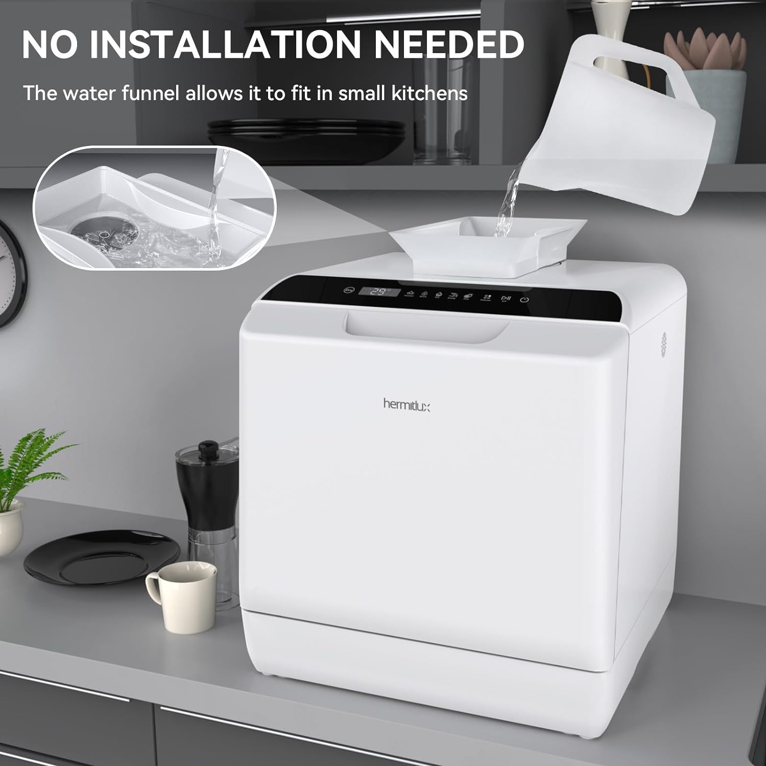 Hermitlux Countertop Dishwasher, 5 Washing Programs Portable Dishwasher