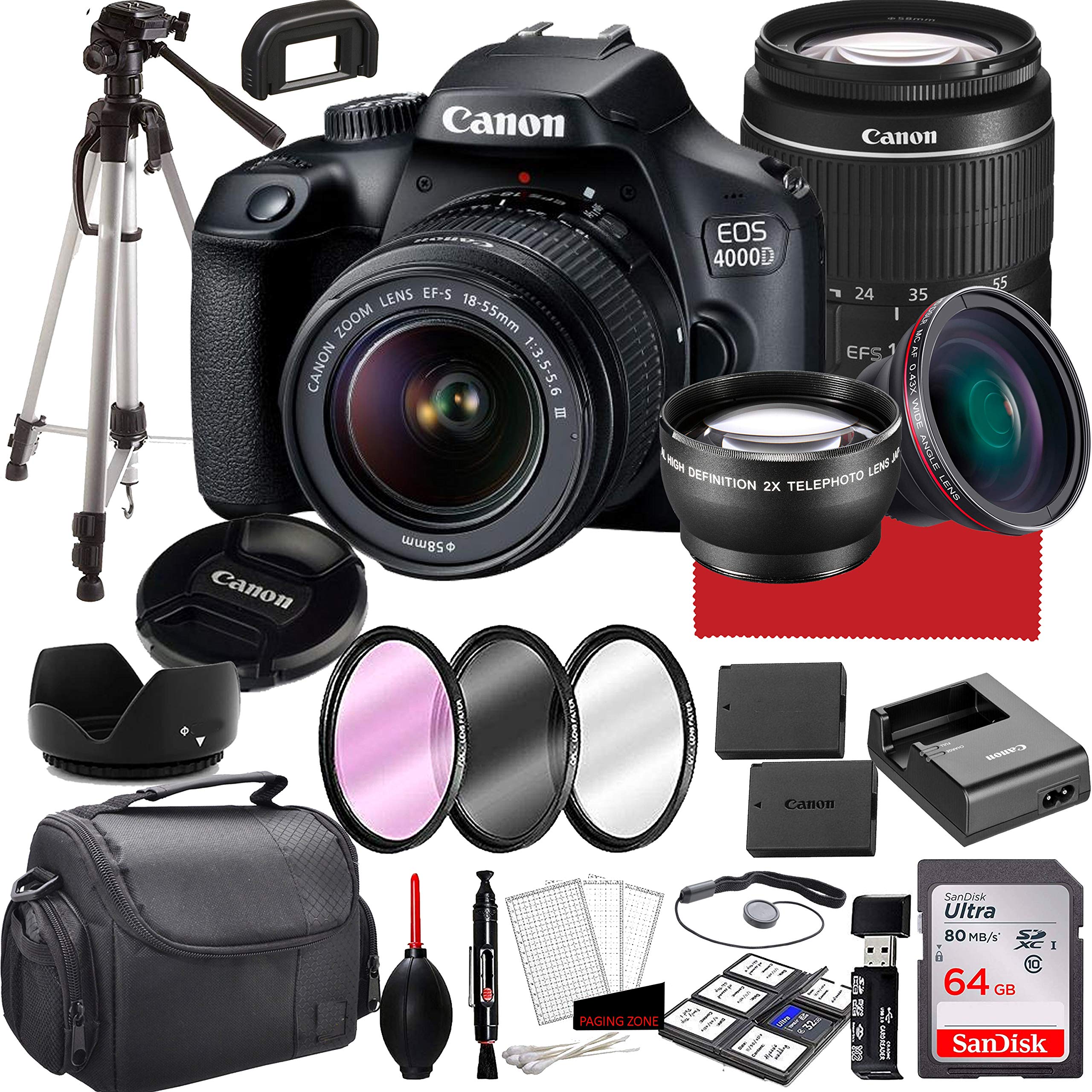 Kamera DSLR Canon EOS 4000D dengan Lensa Zoom 18-55mm f/3.5-5.6, Memori 64GB, Casing, Tripod, dan Lainnya (Set isi 28)