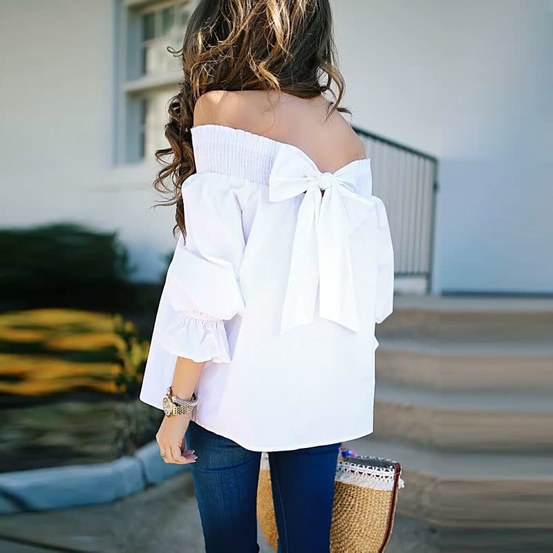 Women's Autumn Fashion Shirt Bowknot White Twill Collar Off-the-shoulder Top Sexy Puff Sleeves