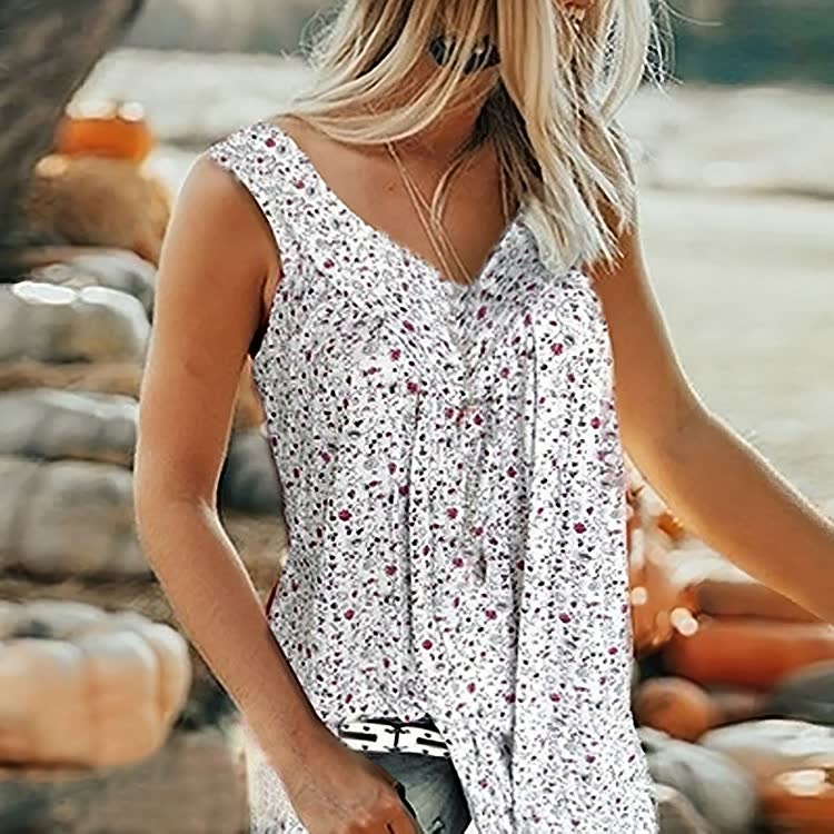 Women's Summer Floral Vest Sleeveless T Shirt V-neck Shirt