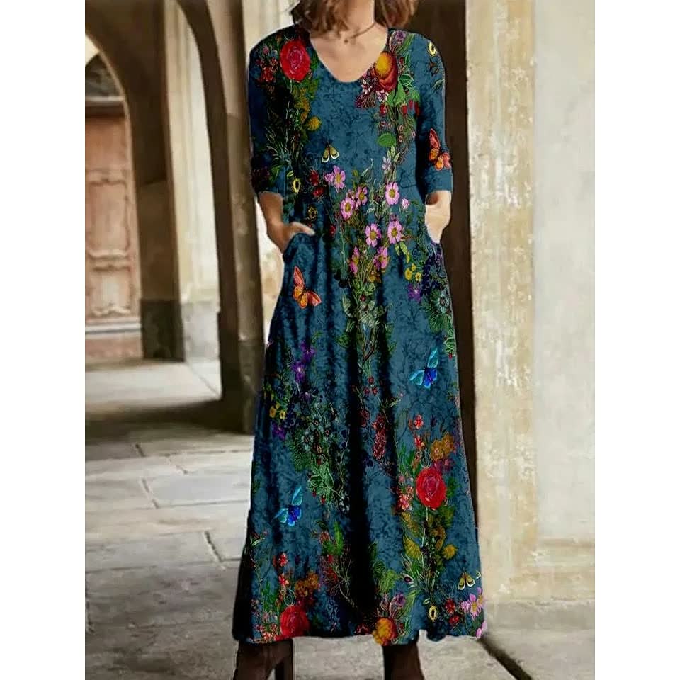 Women's Printed Three-quarter Sleeve V-neck Dress