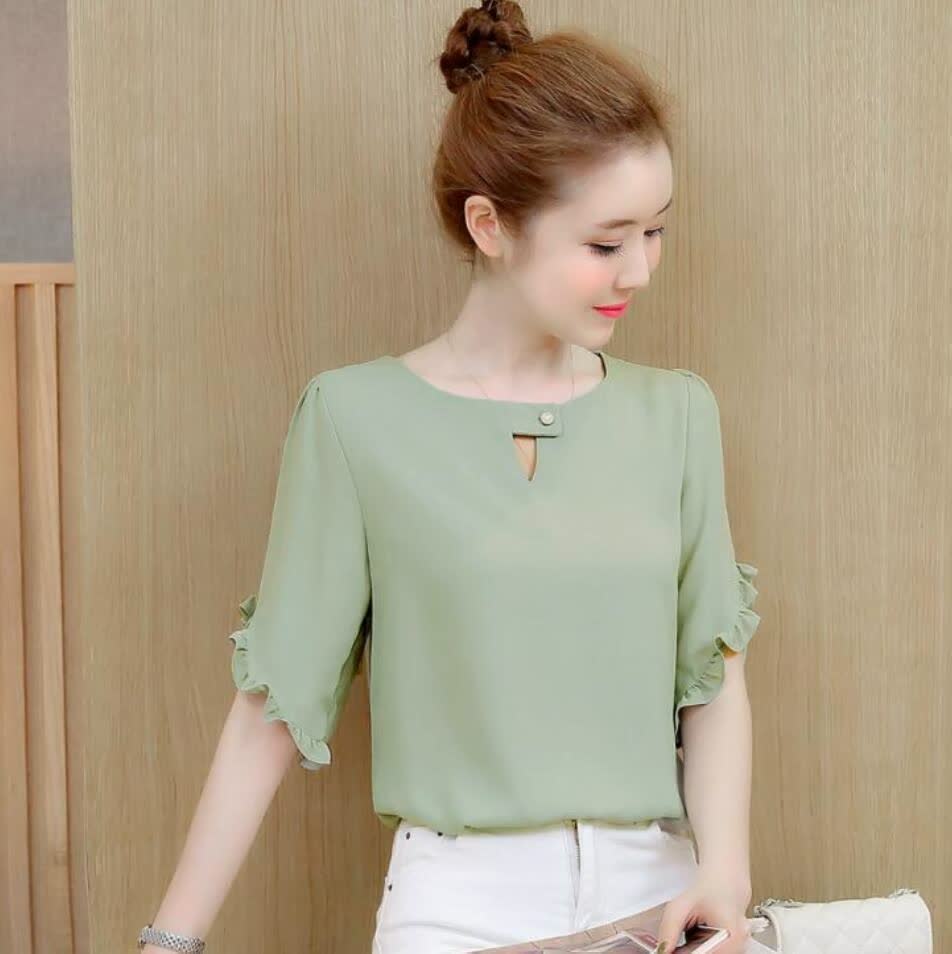 Women's Clothing Crew Neck Elegant Loose Versatile Chiffon Shirt