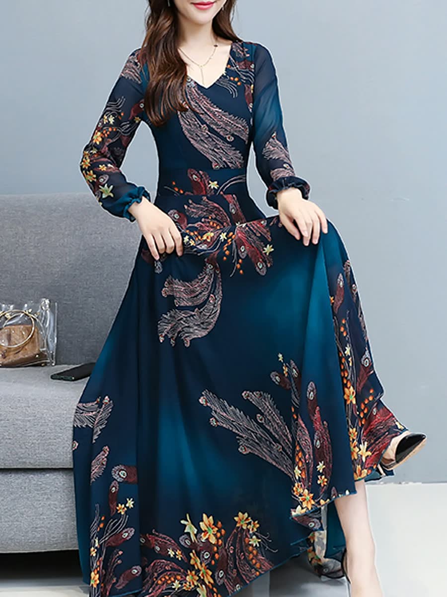 Spring And Autumn Women's Clothing Waisted Slim Elegant Floral Chiffon Dress Women